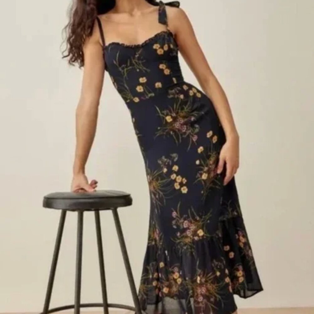 Reformation "Nikita" midi dress, size 8, navy floral